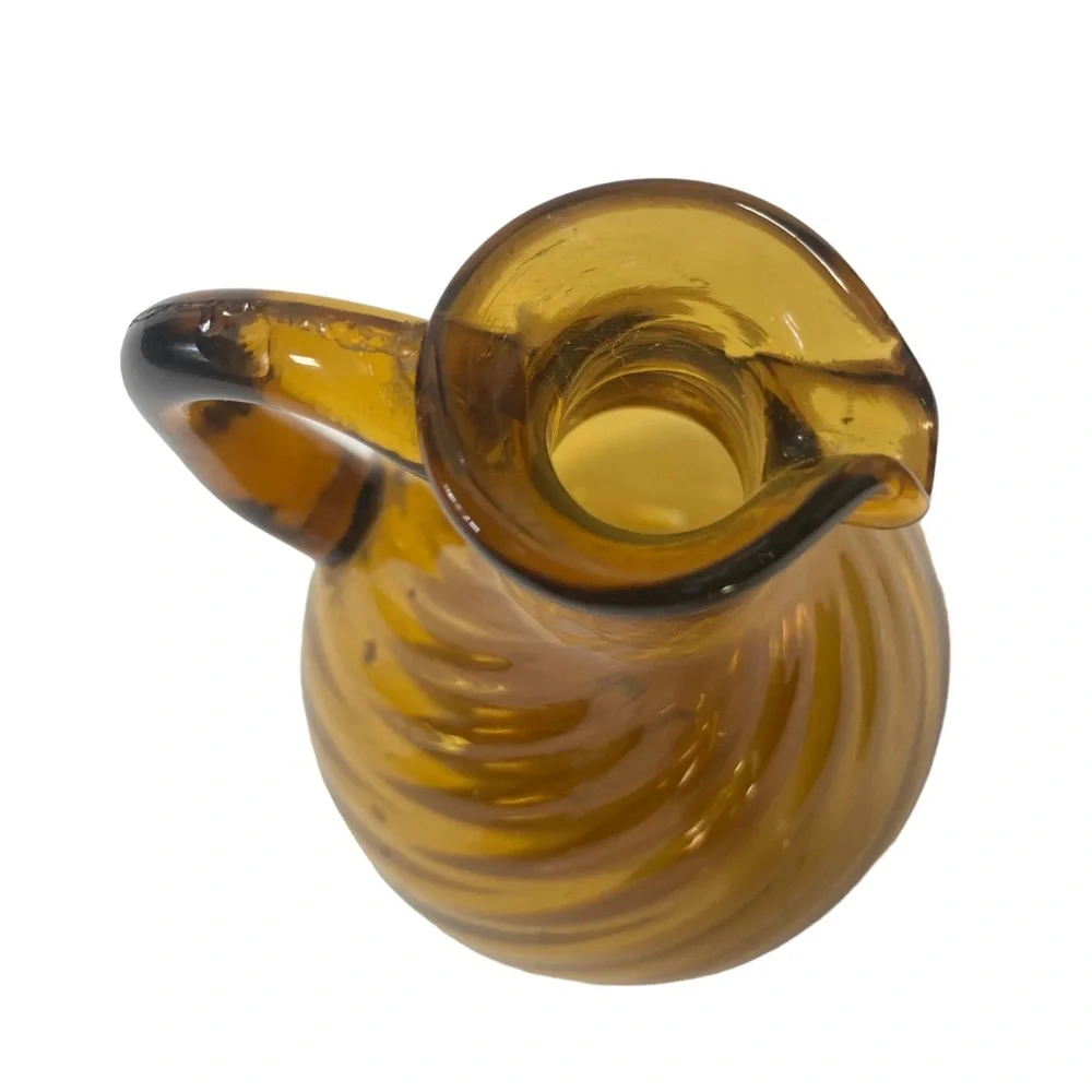 Small Vintage Handblown Swirl Amber Glass Jug Vase applied handle bubbles 4.5